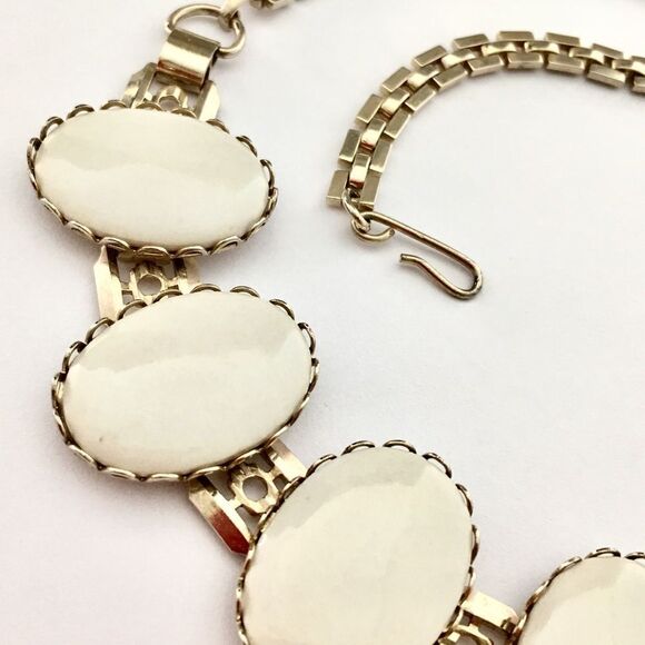 Vintage Collar Oval Off white Cabochons Bezel Setting Necklace 1033 - Picture 3 of 5